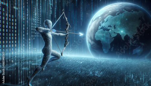 An AI archer taking aim at earth. Risks of AI. The rise of AI. Alignment of AI. Cybersecurity concept. 