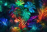 Neon light in the jungle with tropical leaves. Generative AI