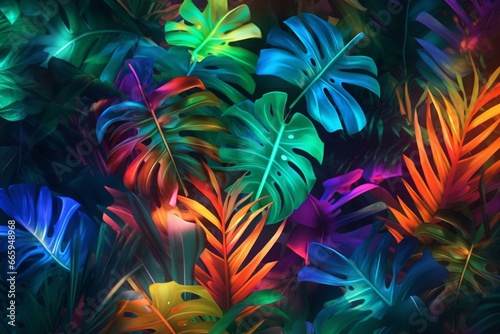 Neon light in the jungle with tropical leaves. Generative AI