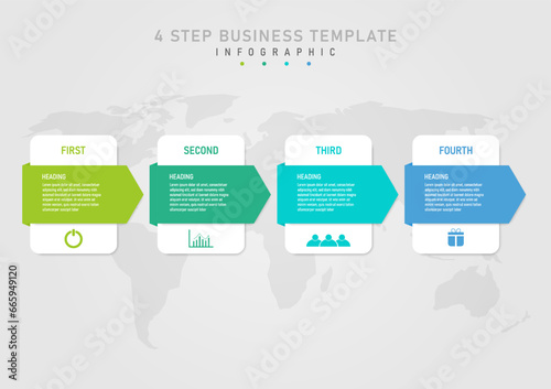 4 steps business infographic template Multi-colored acute-angled squares There is a white letter in the middle and a white square. Colored icons below the world map under a gray gradient background.