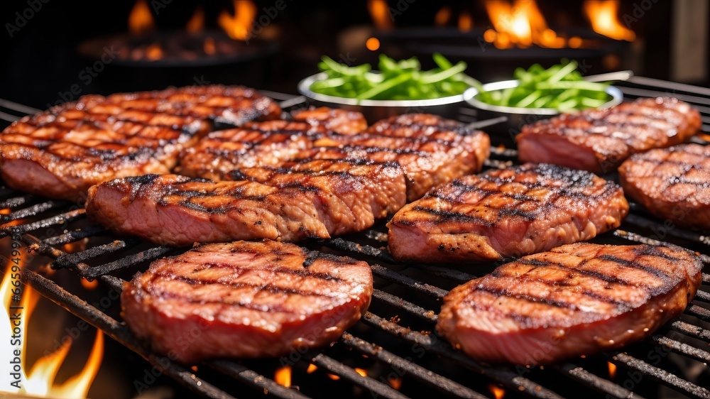 close up of meat on the grill and group of friends at background. AI Generated