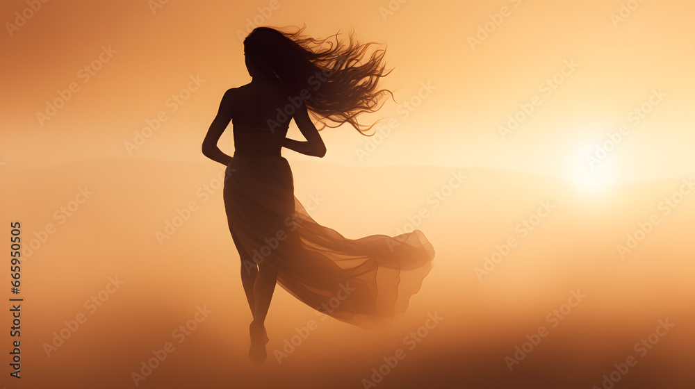 Rear view silhouette of a girl in yellow mist