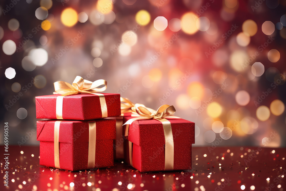 Christmas greeting card, featuring a closeup of many different red presents adorned with gold ribbons. The festive season, perfect for sharing joy and celebration. Christmas greeting card, featuring a closeup of many different red presents adorned with gold ribbons. The festive season, perfect for sharing joy and celebration.