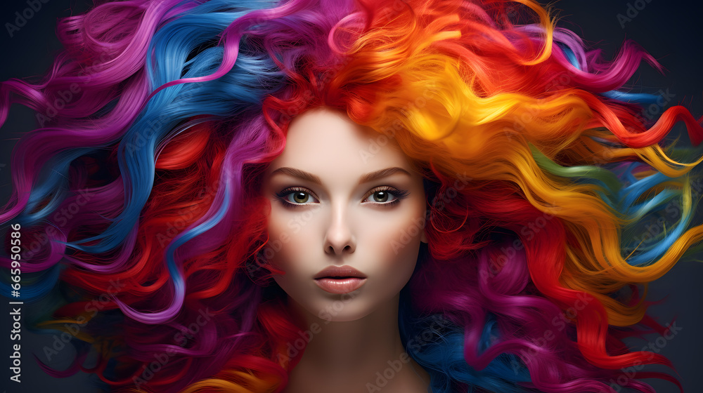 Stunning Portrait of a Woman with Vibrantly Colored Flowing Hair Spanning a Spectrum of Hues.