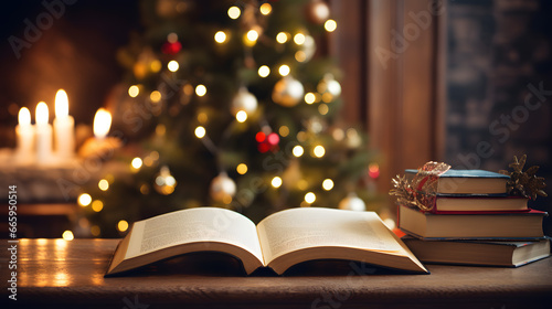Cozy Christmas Setting with Open Books on a Table, Lit Candles, and Decorated Christmas Tree in the Background
