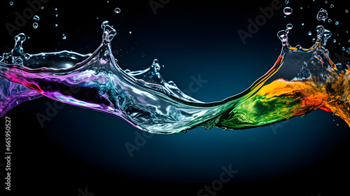 Multicolored clear liquid with splashes isolated on a blue background