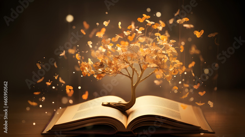 Golden Tree Emerging from an Open Book with Butterflies © HappyKris