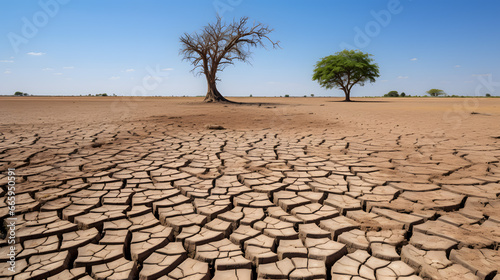 Dried Cracked Earth Landscape with Sparse Trees