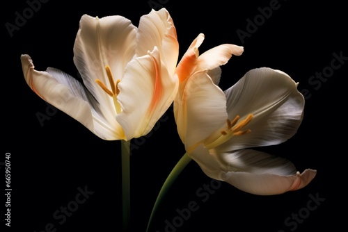 two delicate tulip blossoms with black background