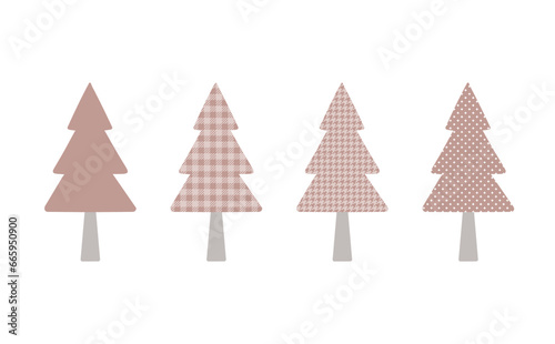 Hand drawn pink and white Christmas tree material. Set of 4 different patterns. Suitable for Christmas cards, Christmas posters, Greeting cards, Posters, postcards,banner, promotions and advertising.
