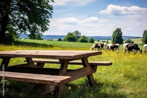 empty wooden table against the background of a cow grazing in the meadow