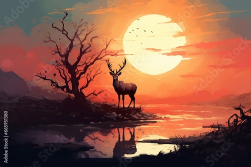 deer on branch against sunset sky, digital art, illustration painting. Generative AI © Adriel