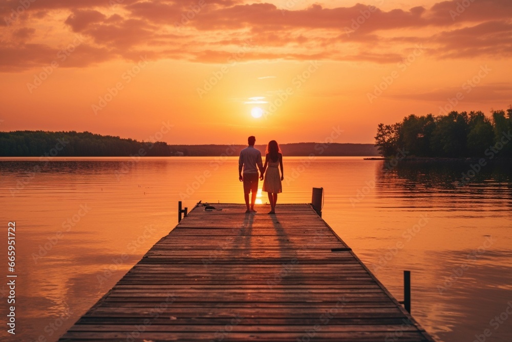 Two people on a dock, posing at sunset Two people on a dock, posing at sunset