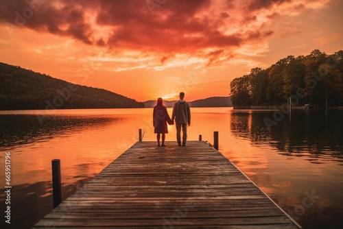 Two people on a dock, posing at sunset