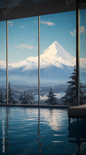 Illustration of Snowy Landscape with Hot Springs or Swimming Pool and Pine Trees Outside Floor-to-Ceiling Windows © duyina1990
