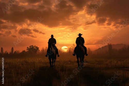 Two people riding horses on a grassy field at sunset © alisaaa