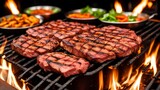 close up of meat on the grill and group of friends at background. AI Generated