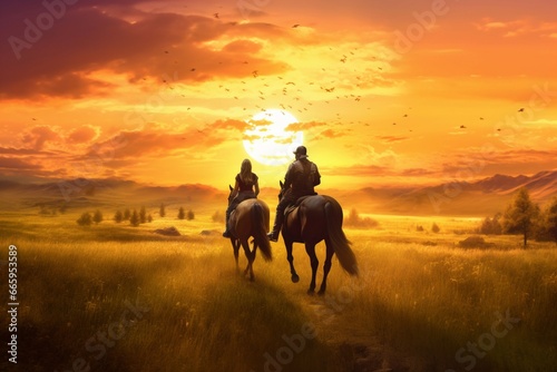 Two people riding horses on a grassy field at sunset