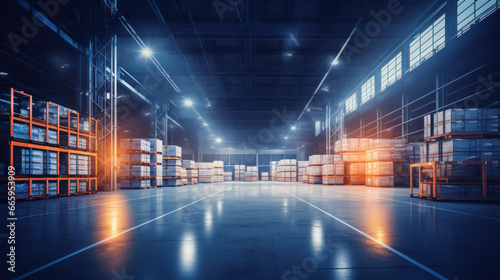 Interior of warehouse, commercial building for storage of goods.