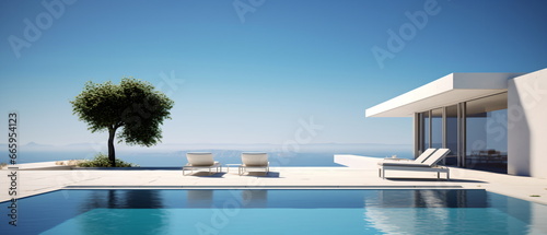 White Villa with Expansive Fresh Courtyard and Distant View of Snowy Mountains and Lake