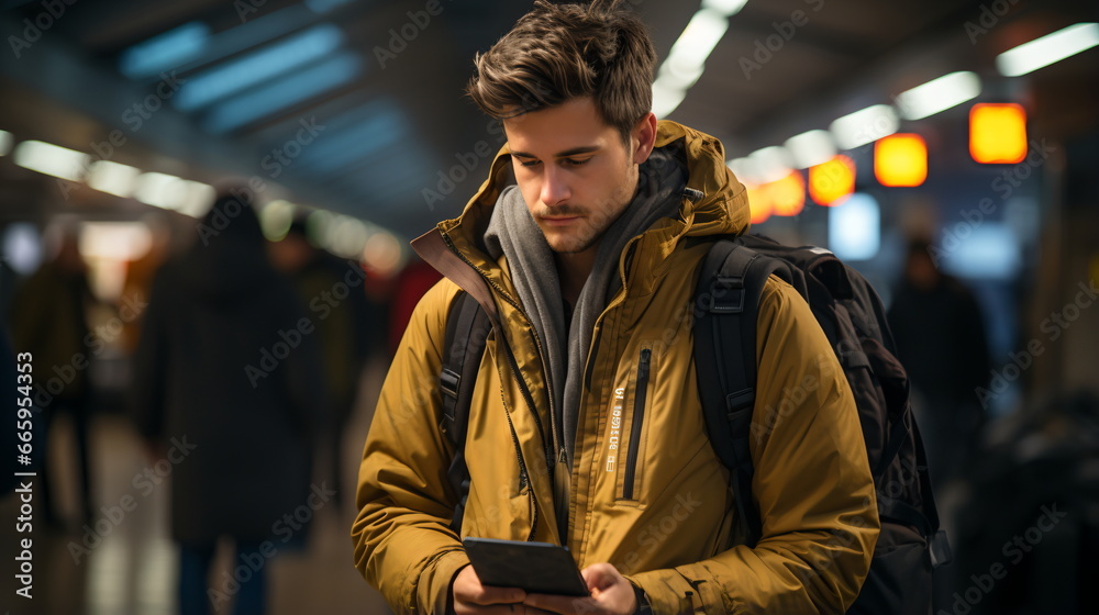 Caucasian Man Using Smartphone at Station/Business Street, Face Lit by Screen 