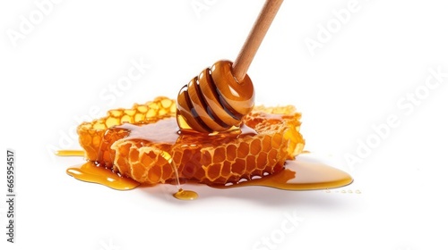 Honeycomb with honey spoon isolated on white background, bee products by organic natural ingredients concept