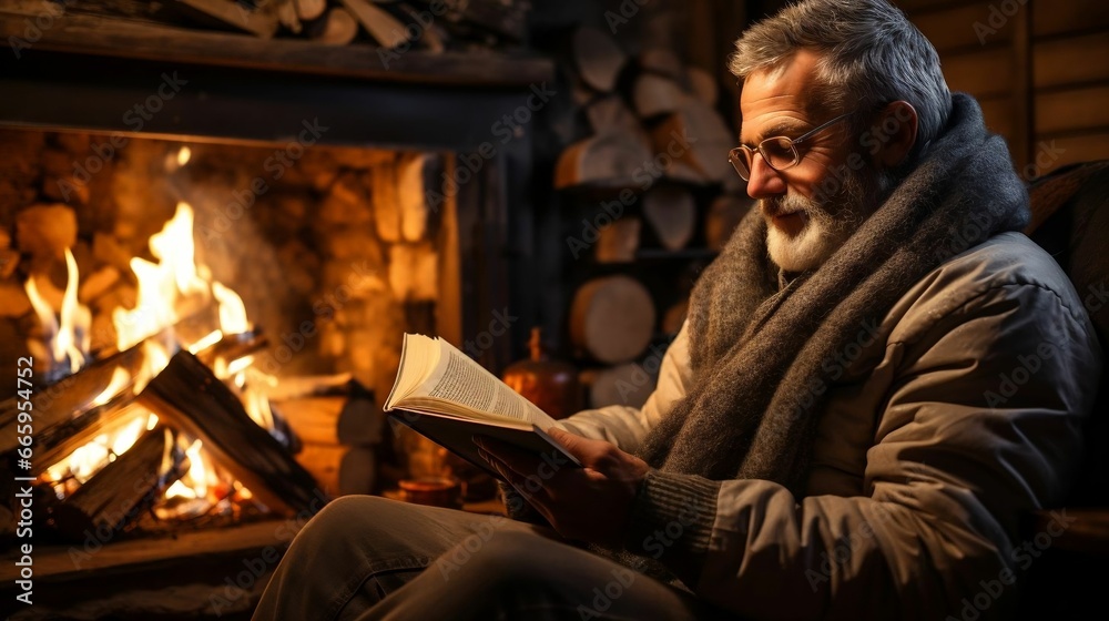 man Snuggled by the fireplace, lost in a book
