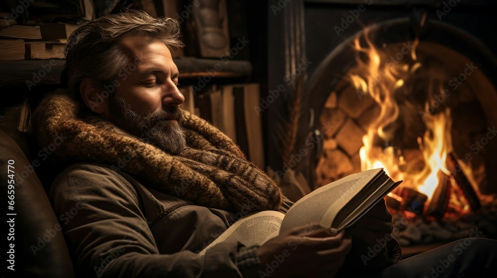 man Snuggled by the fireplace, lost in a book
