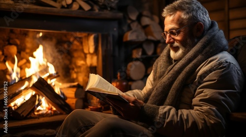 man Snuggled by the fireplace, lost in a book 