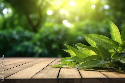 Blurred sunny green leaf background with wooden planks in foreground. Generative AI