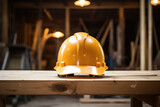 Construction helmet on a wooden table. It encapsulates the importance of protective gear and equipment at the job site, making it a valuable addition to construction-related projects.