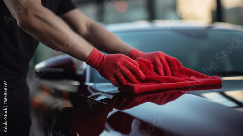 Worker washing red car with sponge on a car wash © darkhairedblond