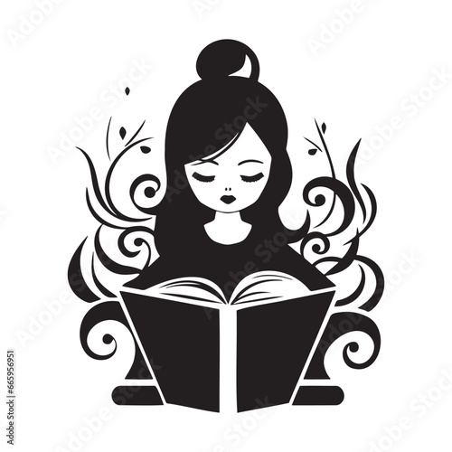 black and white illustration of a girl with coffee and a book