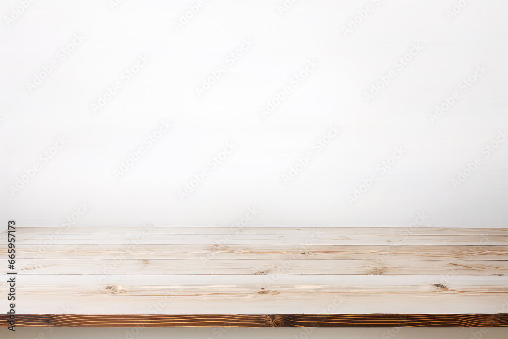 High-quality photo of an empty white table against a pristine white wall. Perfect for showcasing your design or merchandise with a clean, modern aesthetic.