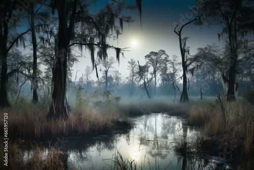 A mystic night with a moon hanging over a swamp. Generative AI