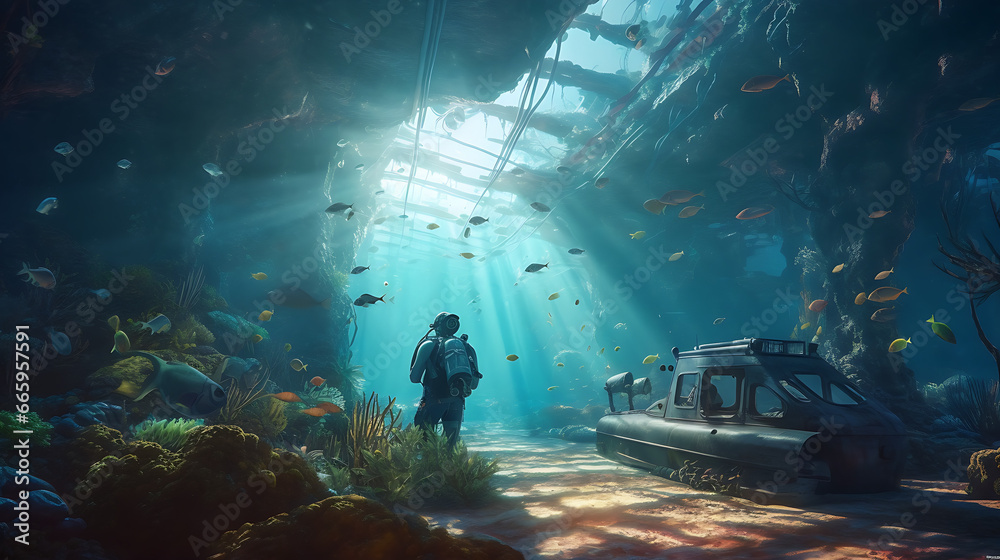 scuba dive person in the under water cave exploring under water world with fish, corals in sea scuba dive person in the under water cave exploring under water world with fish, corals in sea