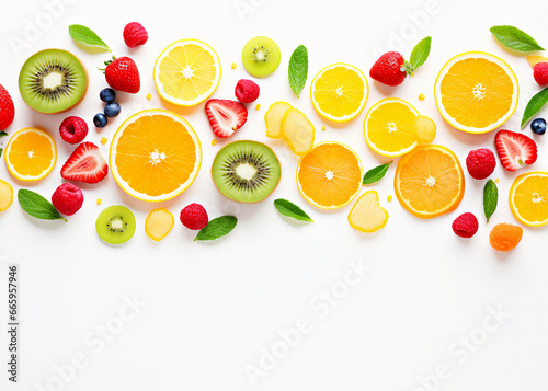 Fruit slices on white background, copy space