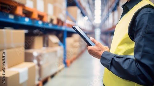 Businessman hand using digital tablet in warehouse photo