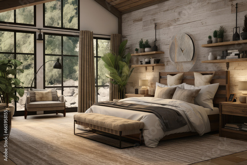 Cozy farmhouse industrial bedroom. The perfect blend of rustic and contemporary styles. Idea for those seeking a stylish, urban living space with vintage charm.