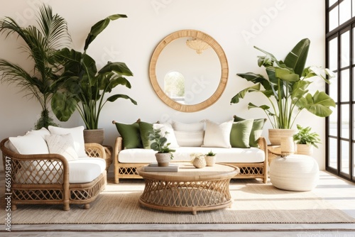 Boho style living room interior with rattan furniture and greenery  filled with light