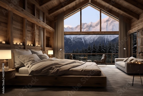 Interior of cozy montain chalet bedroom with large bed and big window