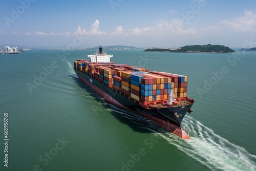 Print op canvas a ship navigates a narrow canal, packed with containers, heading towards a busy port