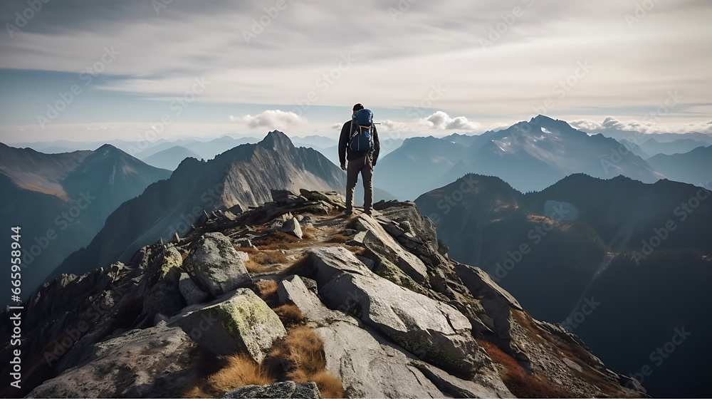 Hiker Person on the top of mountain with beautiful view of landscape
