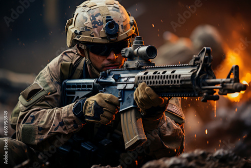 soldier in full combat action with his weapon, and fire light in the background