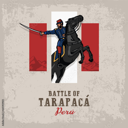 VECTORS. Editable banner for the Battle of Tarapaca in Peru, November 27. Featuring Andres Caceres, commander of one of the Peruvian Battalions