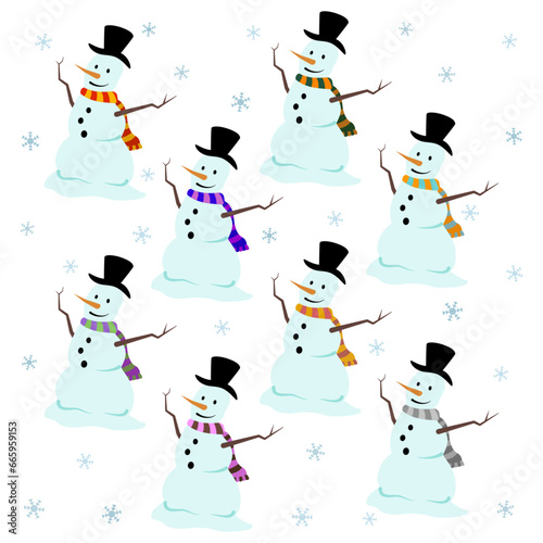 色々なマフラーをした雪だるまたちのイラストセット
