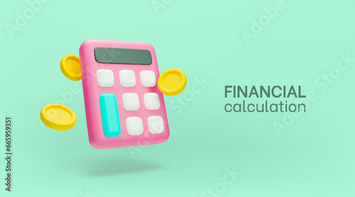 Financial calculation concept, 3d calculator and falling golden coins banner. Finance accounting, bookkeeping, budget, debit, credit calculations. Financial management realistic vector illustration