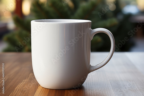 mug with drinks on wood table  on blurry background. mock up, blank cup for your design. space for your text, image and logo.