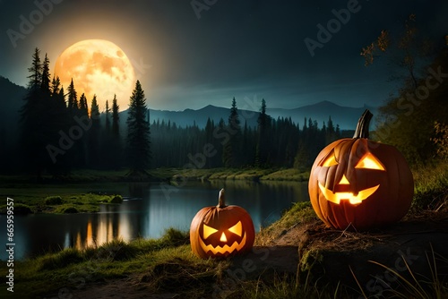 Jack O’ Lanterns Glowing At Moonlight In The Spooky Night - Halloween Scene