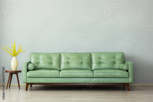 Modern living room interior featuring a light green leather sofa with mid-century and retro style influences. Comfort and style in a contemporary space, with ample copy space for your creative needs.
